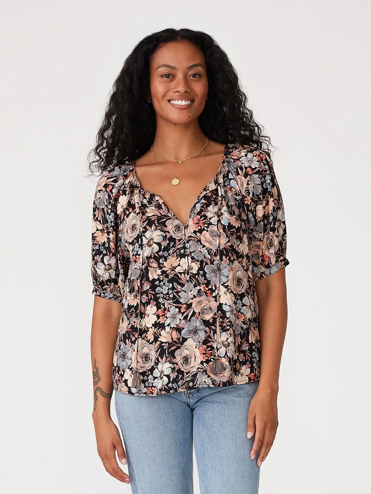 Marigold Floral Blouse – Fall Print, Puff Sleeves, V-Neck main image 1
