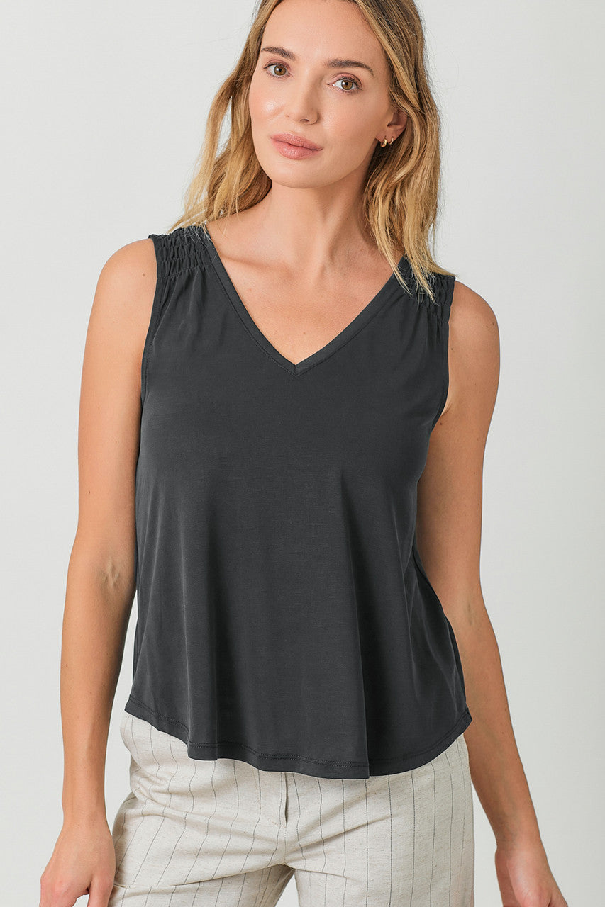 Mystree Smock Shoulder V-Neck Tank Black