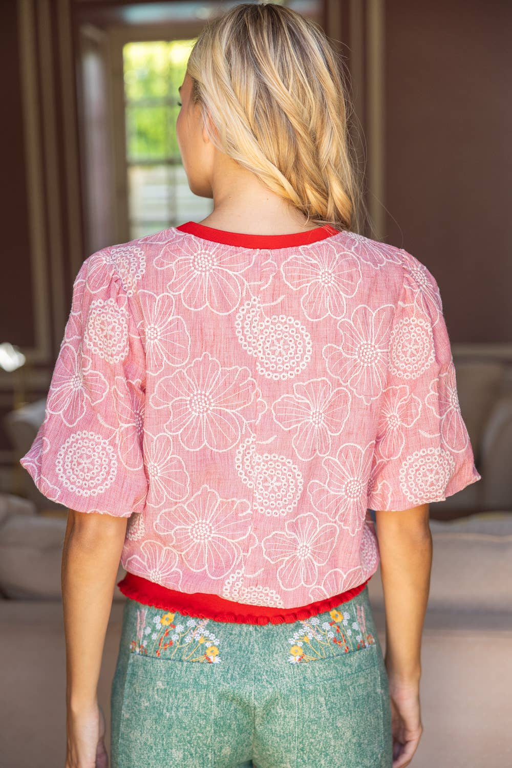 Accent Band Floral Embroidered Top