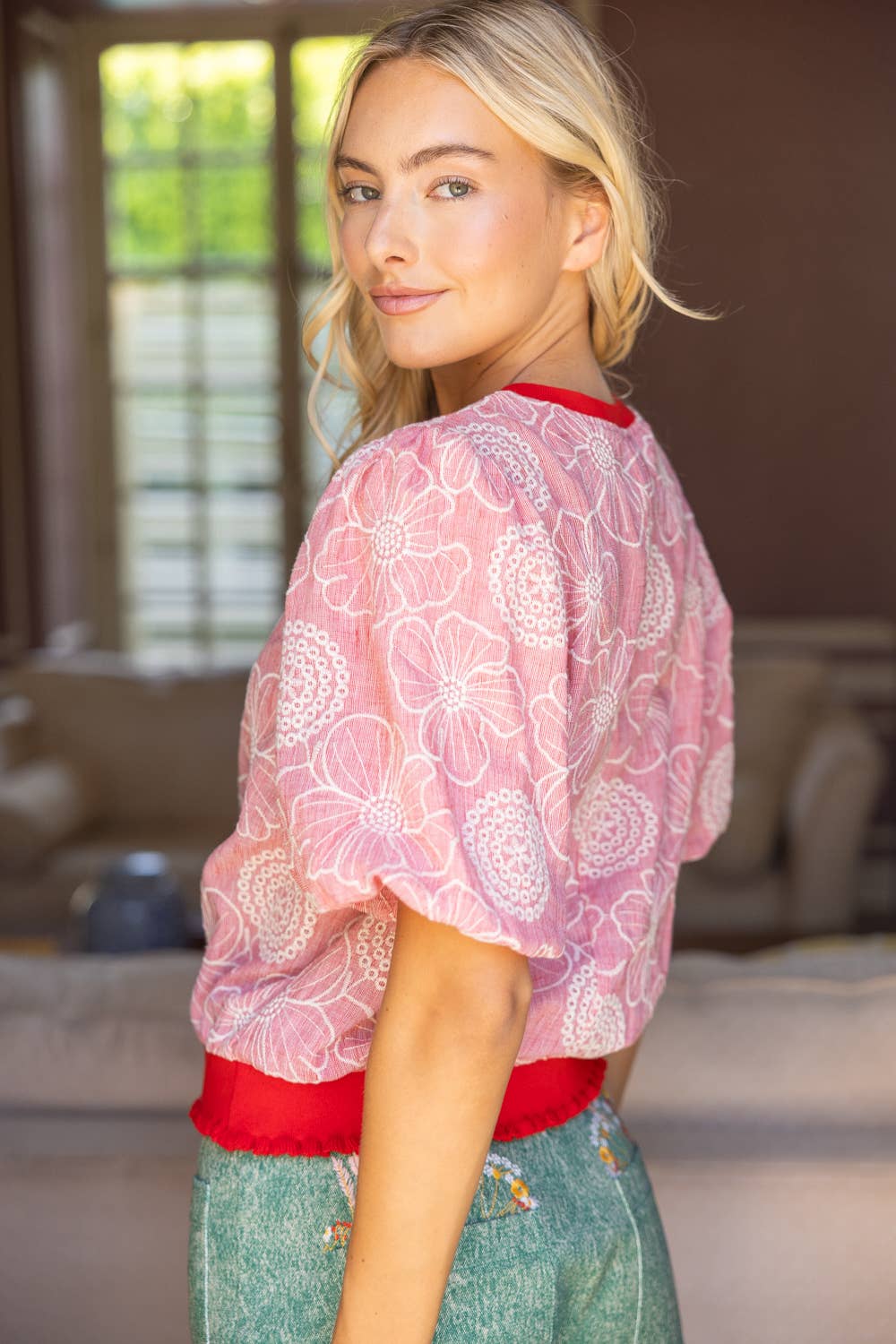 Accent Band Floral Embroidered Top