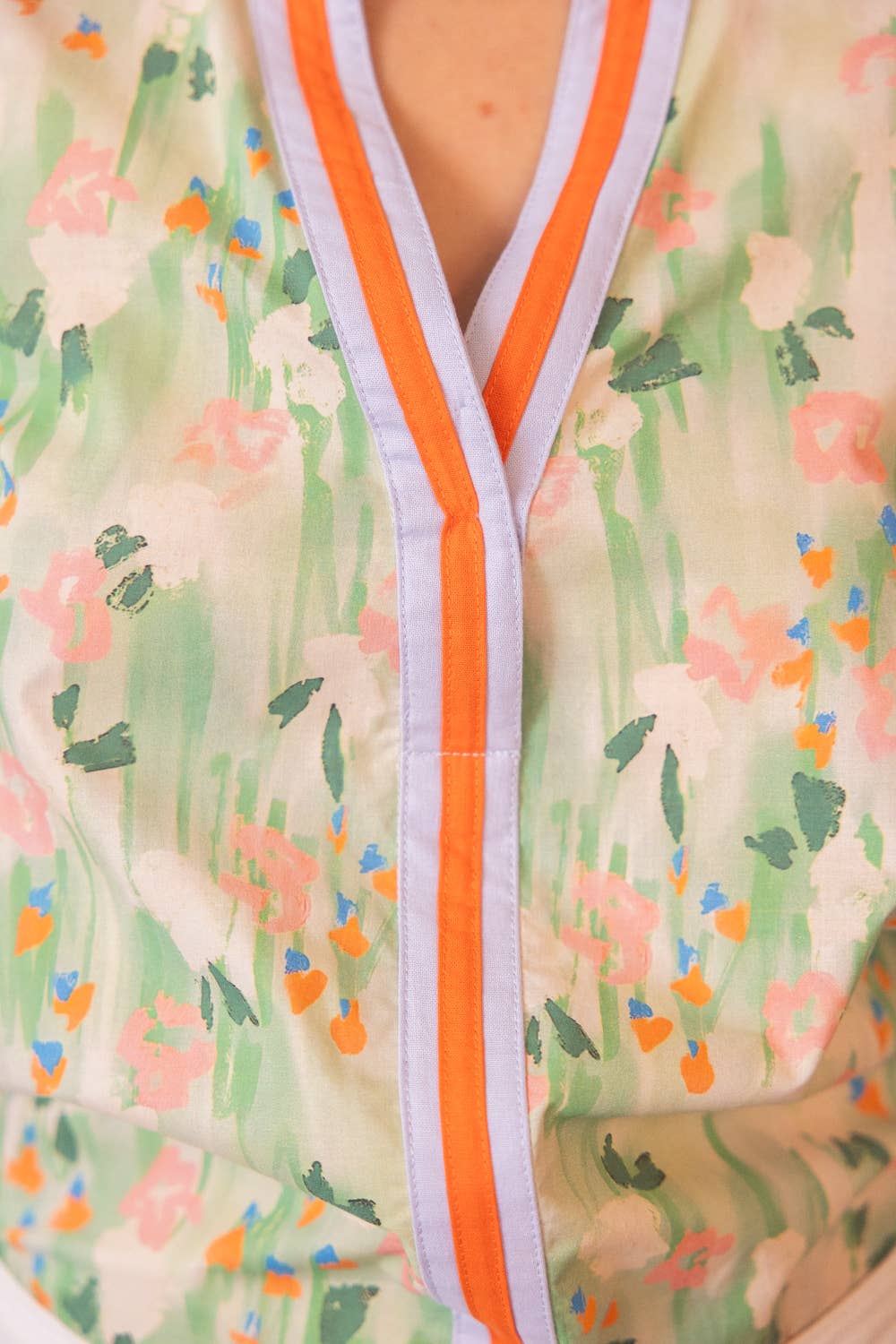 Stripe Placket Floral Print Top