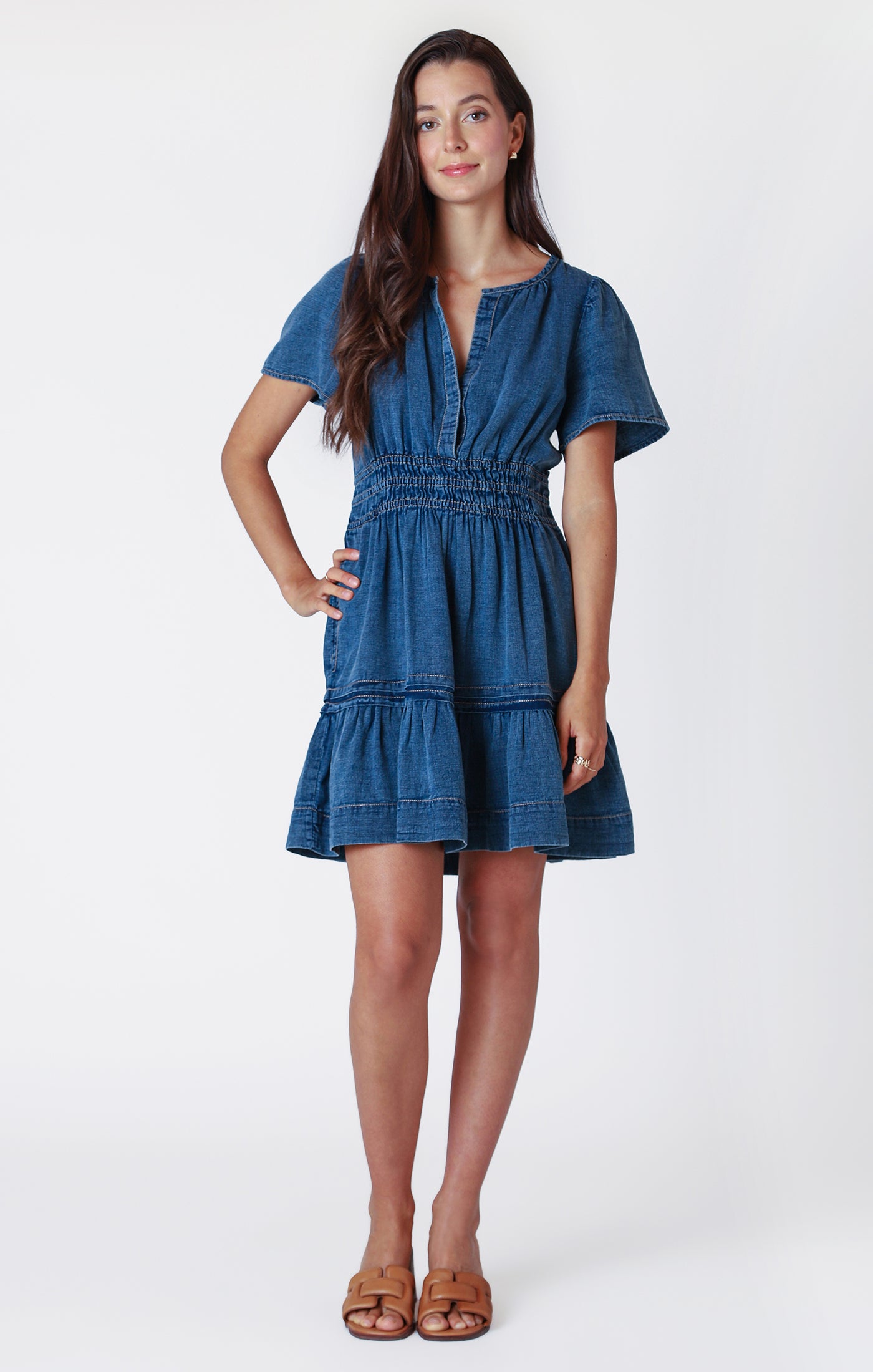 denim tiered mini dress loveimgs Women V Neck Babydoll Mini Denim Dress A Line Pleated Short Ruffle Collar Jean Dress Puff Sleeves Sundress Pockets (Small,Blue) at Amazon Women's Clothing store