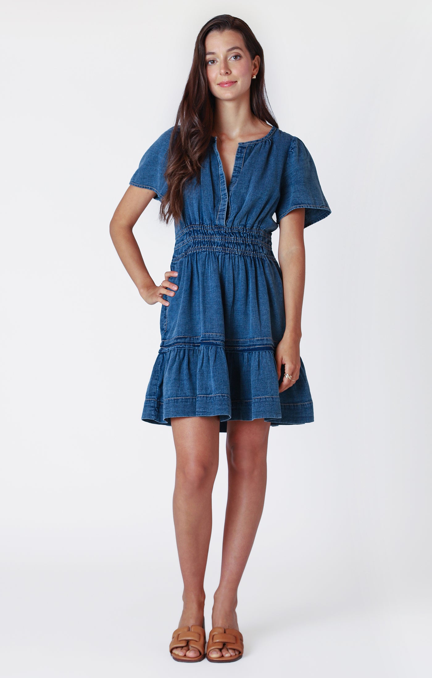 SS TIERED DENIM EFFECT MINI DRESS