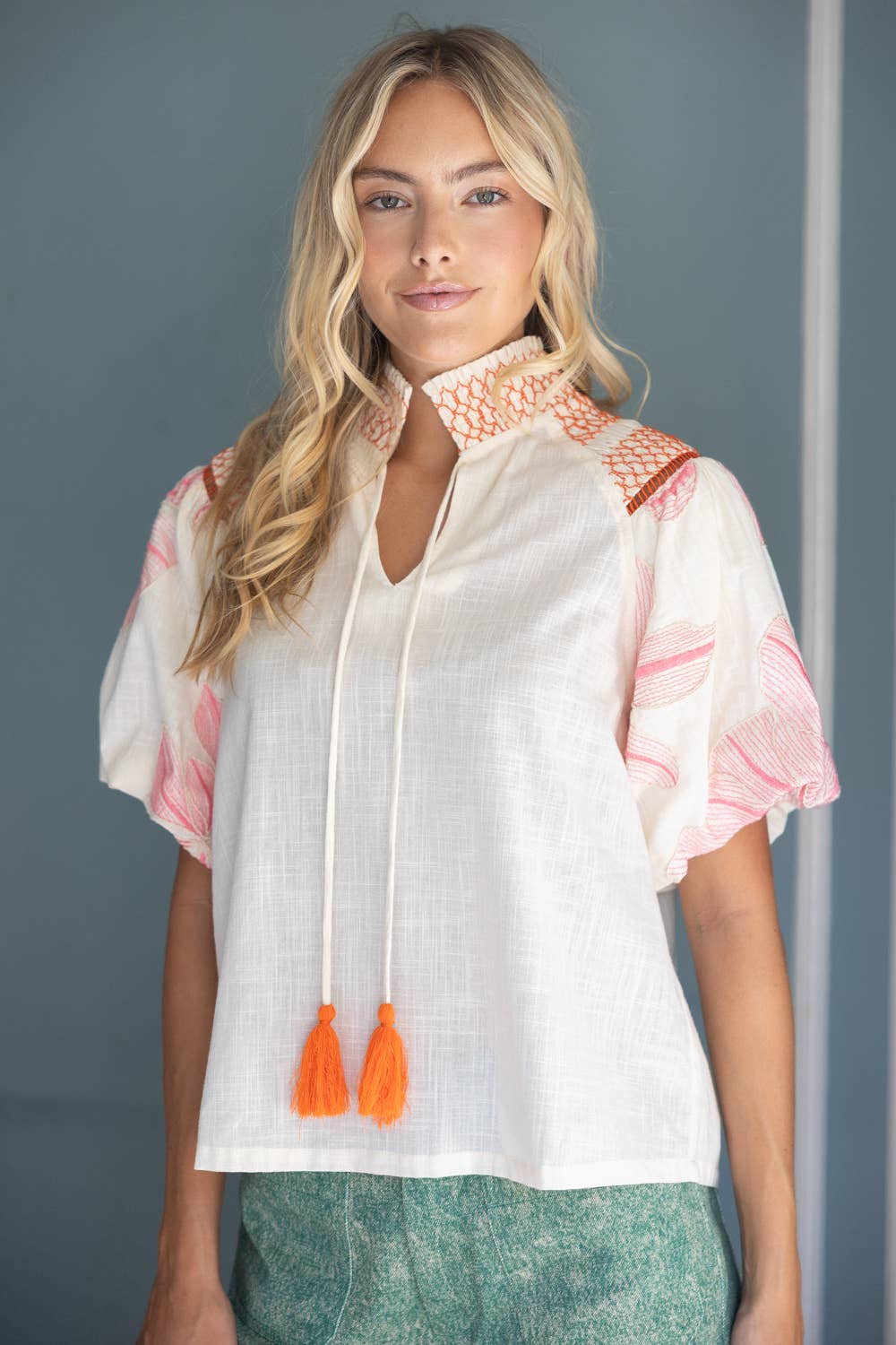 Embroidery Contrast Smocked Neck Top