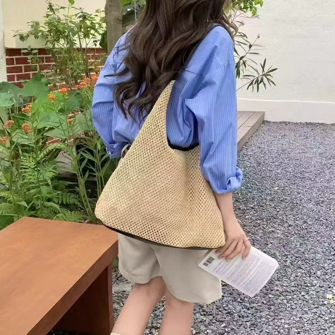 Wide Strap Straw Shoulder Bag w/Pouch