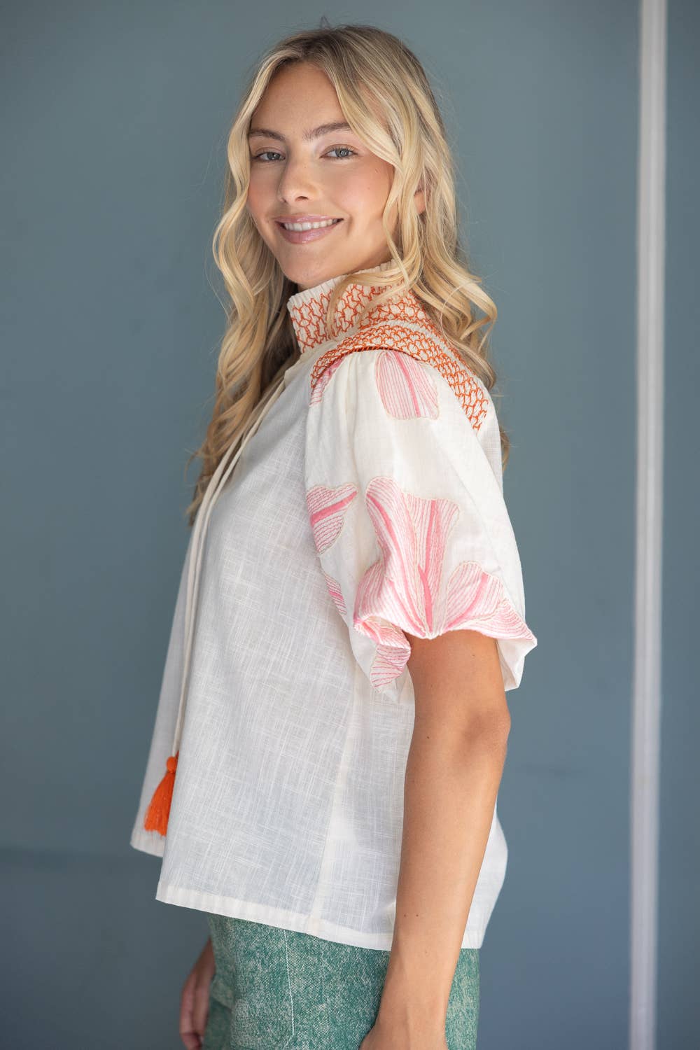 Embroidery Contrast Smocked Neck Top