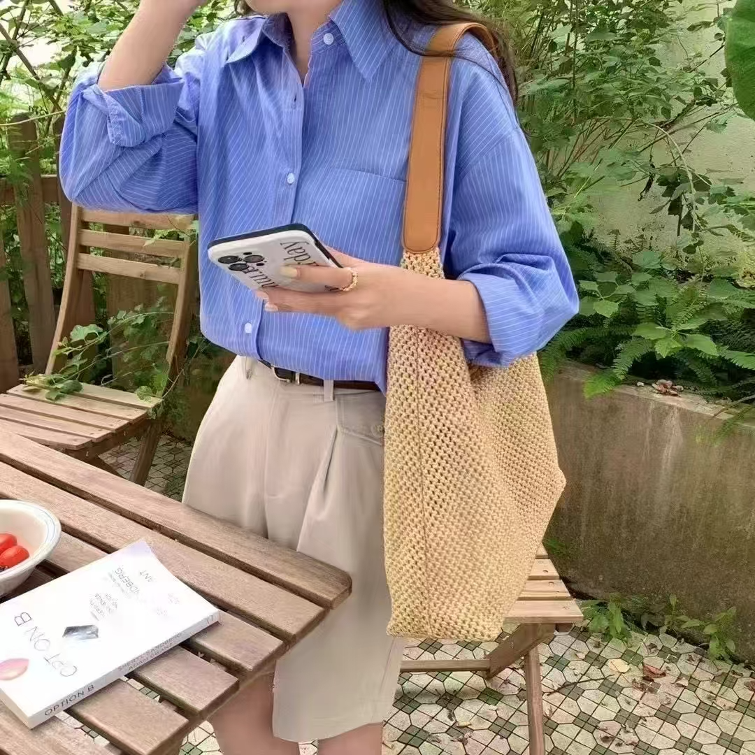 Wide Strap Straw Shoulder Bag w/Pouch