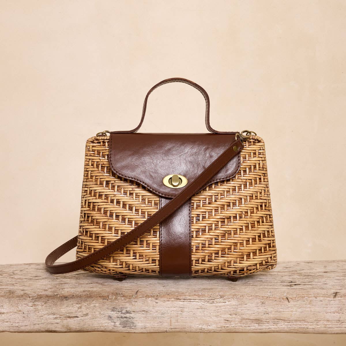 Leather Trim Rattan Crossbody