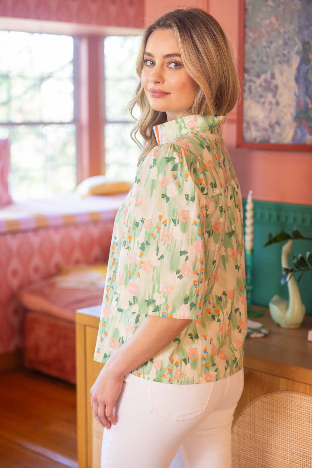 Stripe Placket Floral Print Top