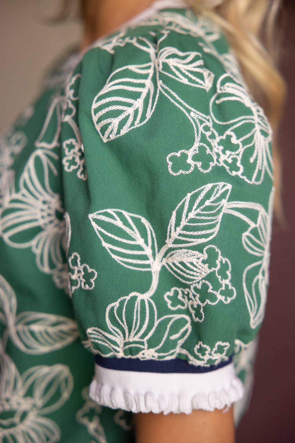 Striped Rib Band Floral Embroidered Top