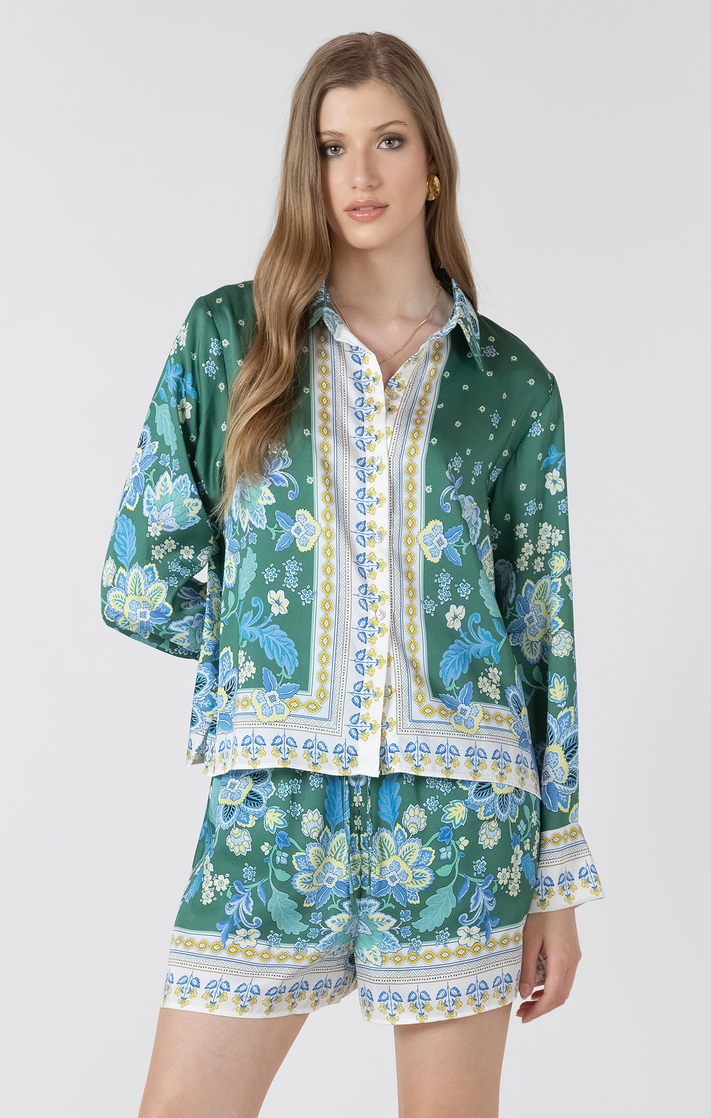 Green Print Button Front Blouse