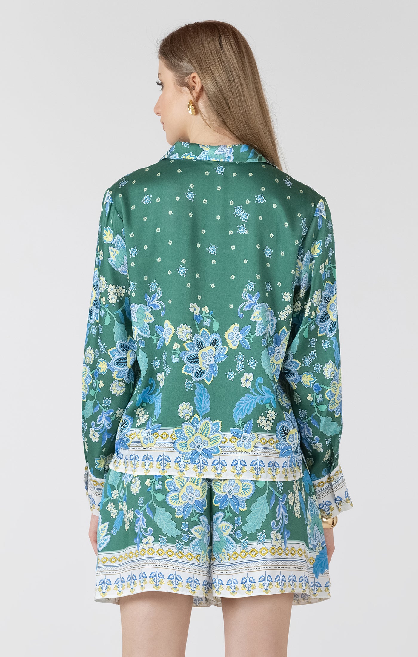 Green Print Button Front Blouse