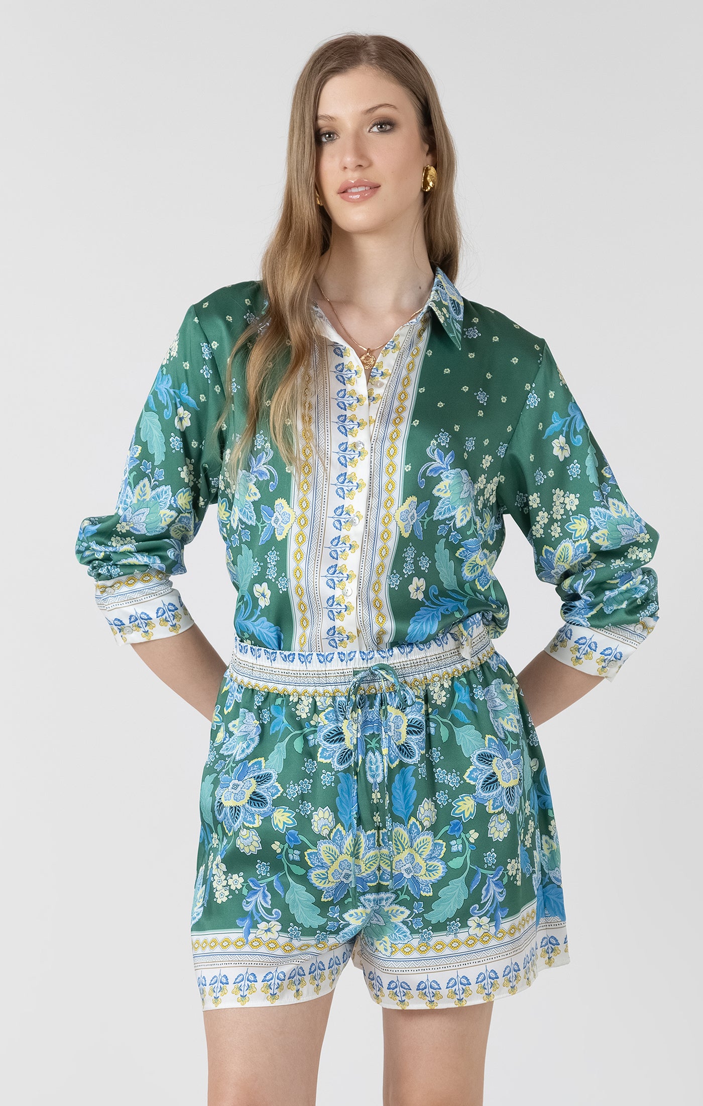 Green Print Button Front Blouse