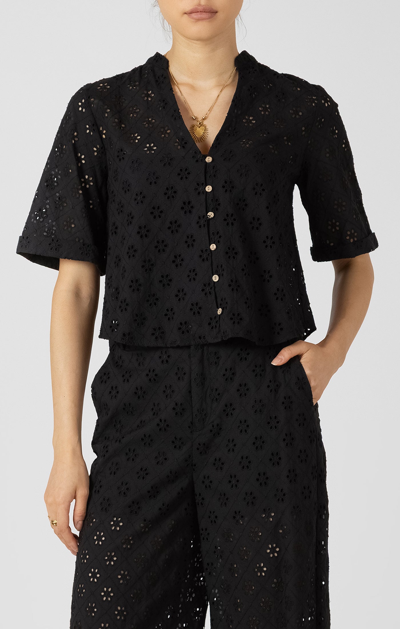 Cutwork Short Sleeve Blouse