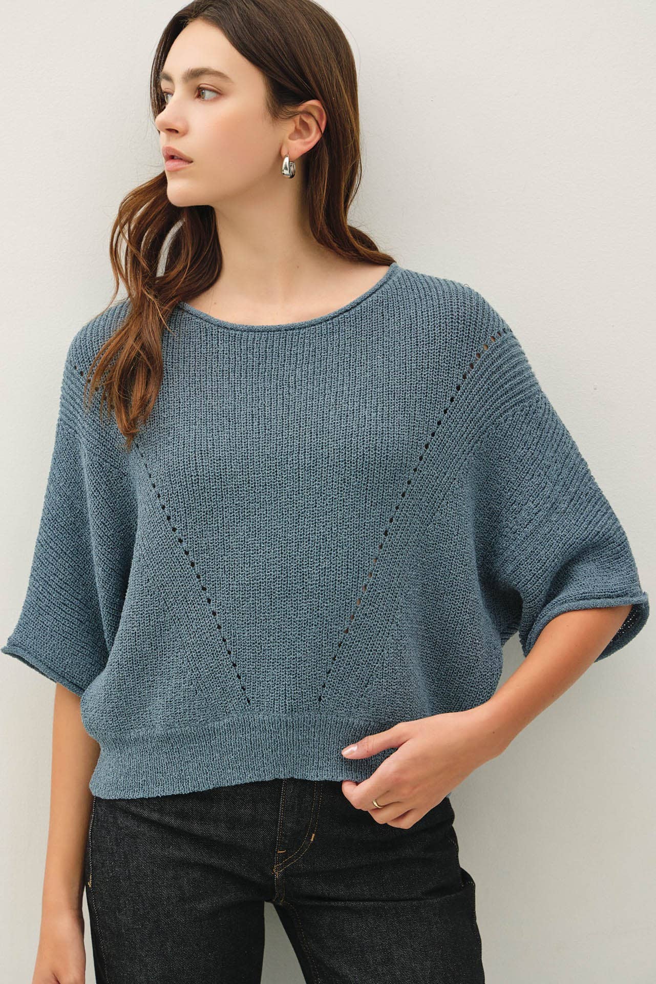POINTELLE DOLMAN SLEEVE SWEATER