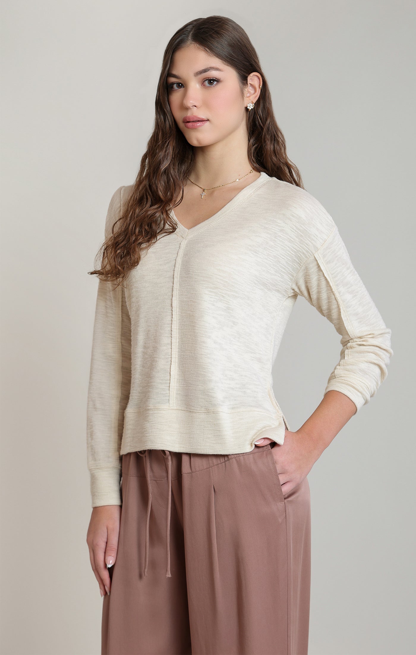 V-Neck Knit Long Sleeve Top
