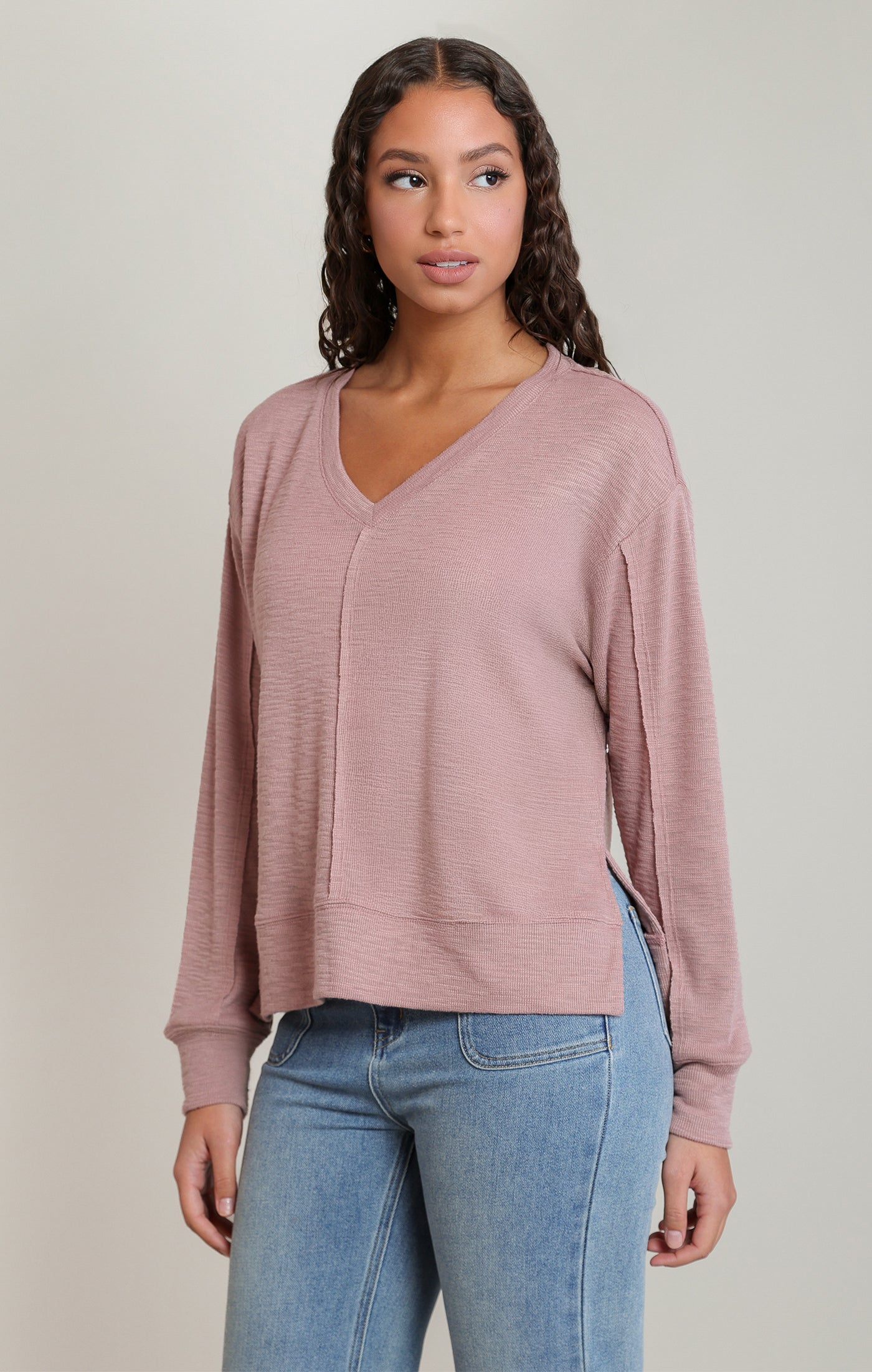 V-Neck Knit Long Sleeve Top