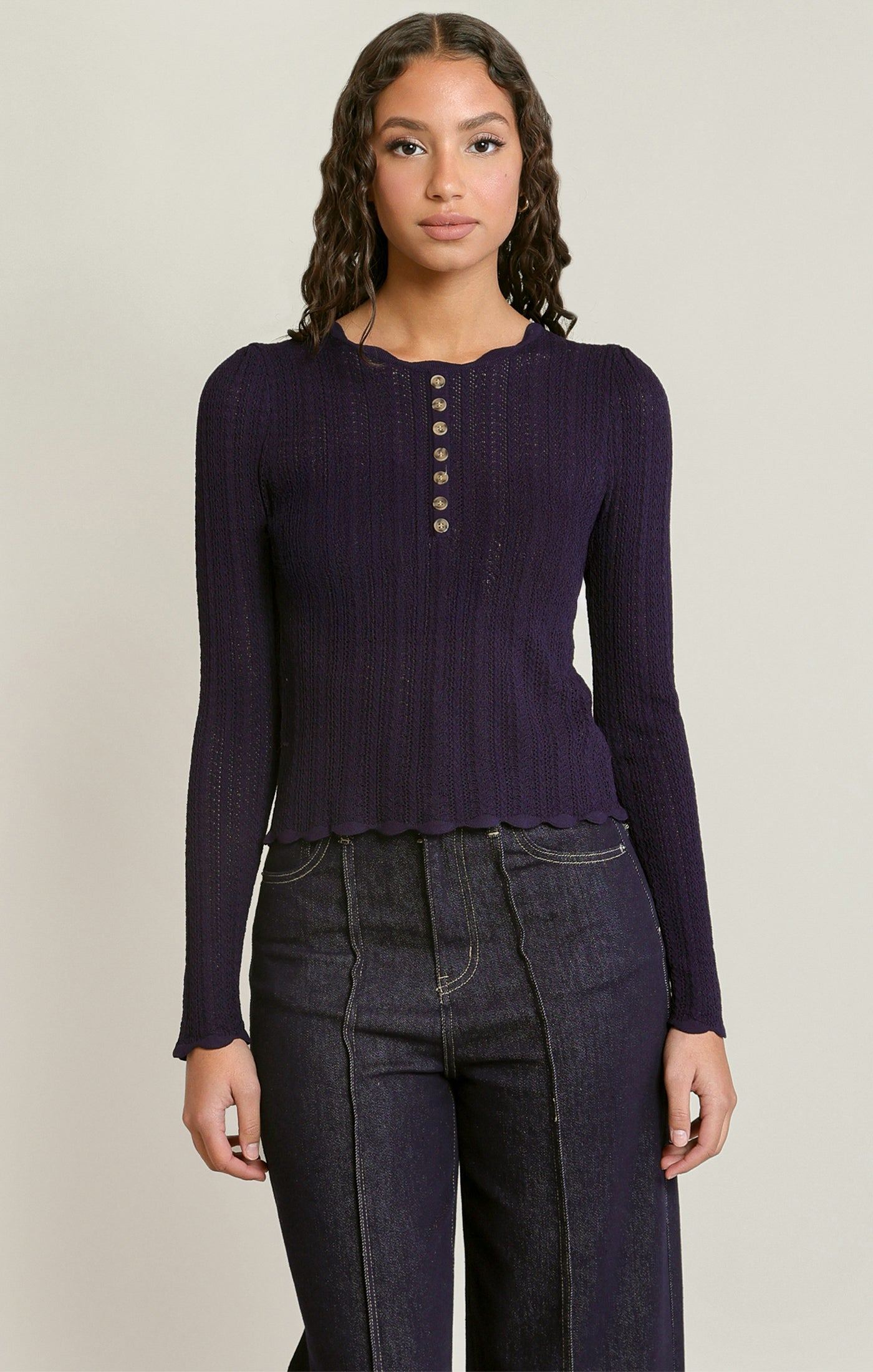 Scalloped Henley Sweater Top