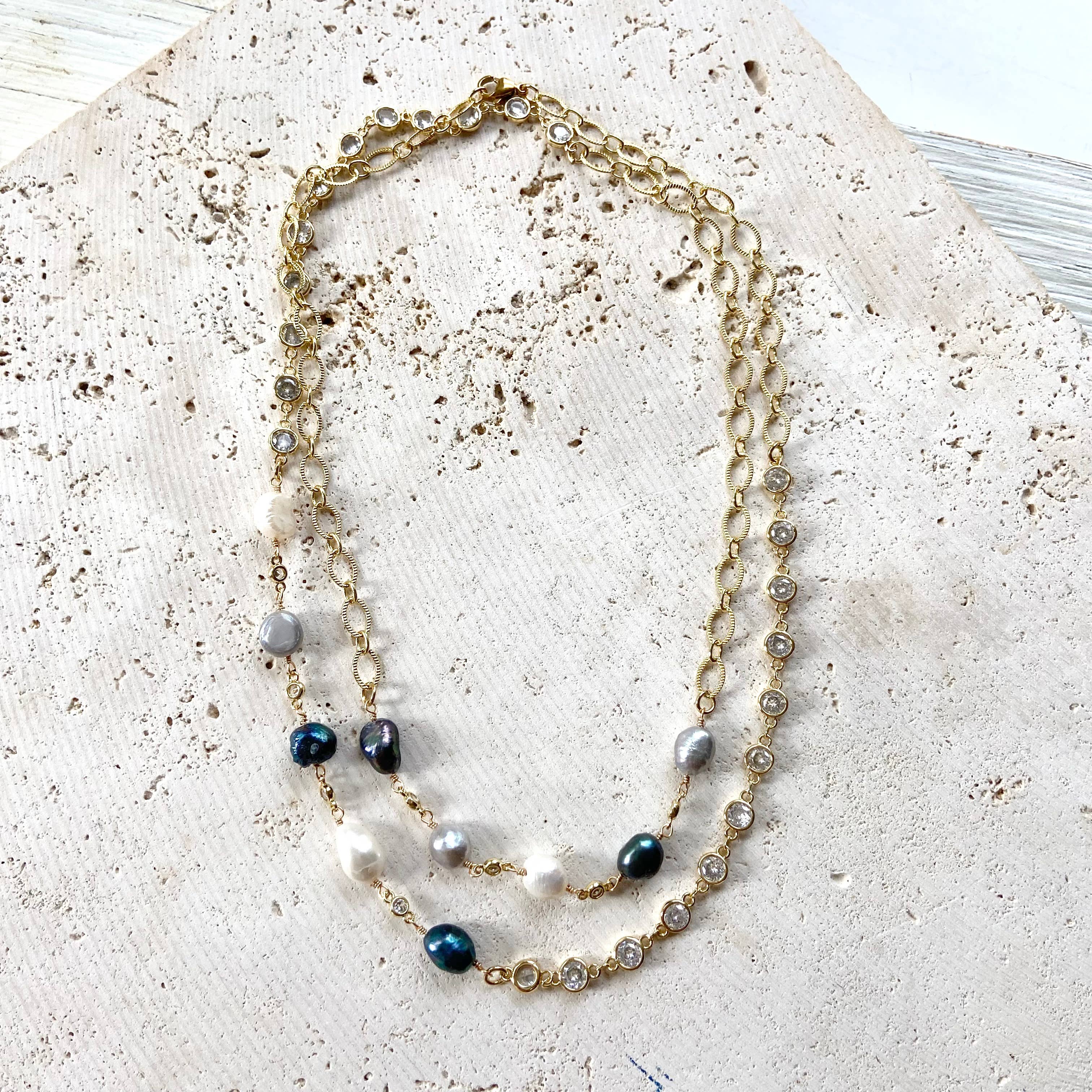 Denim Pearl & Crystal Necklace
