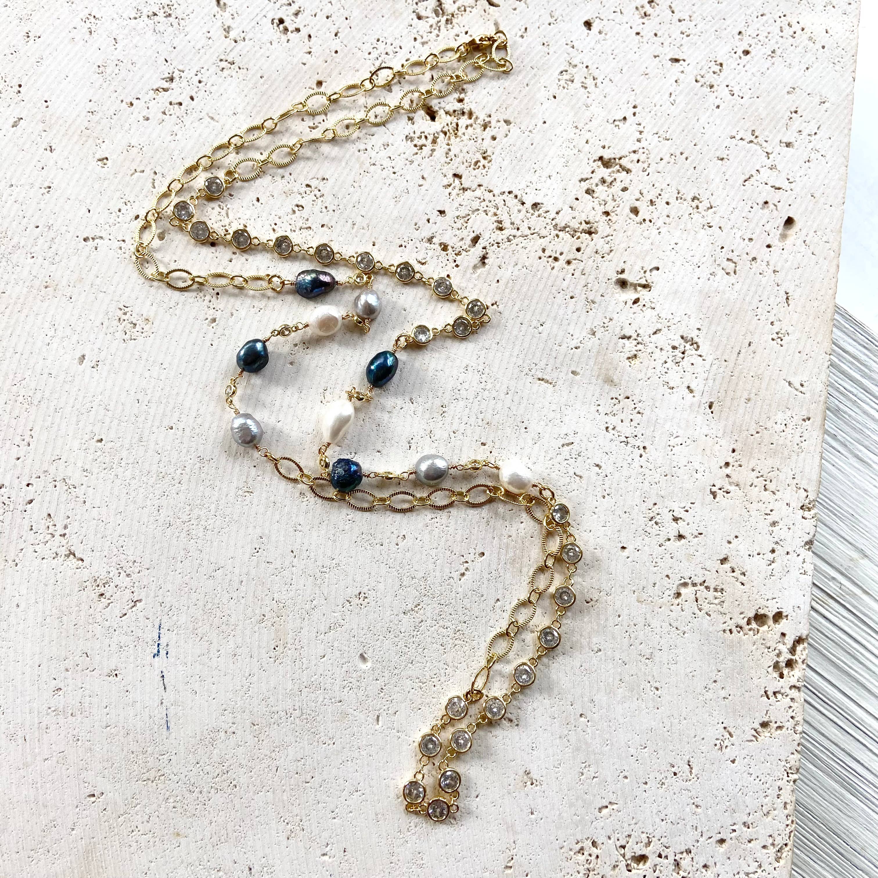 Denim Pearl & Crystal Necklace