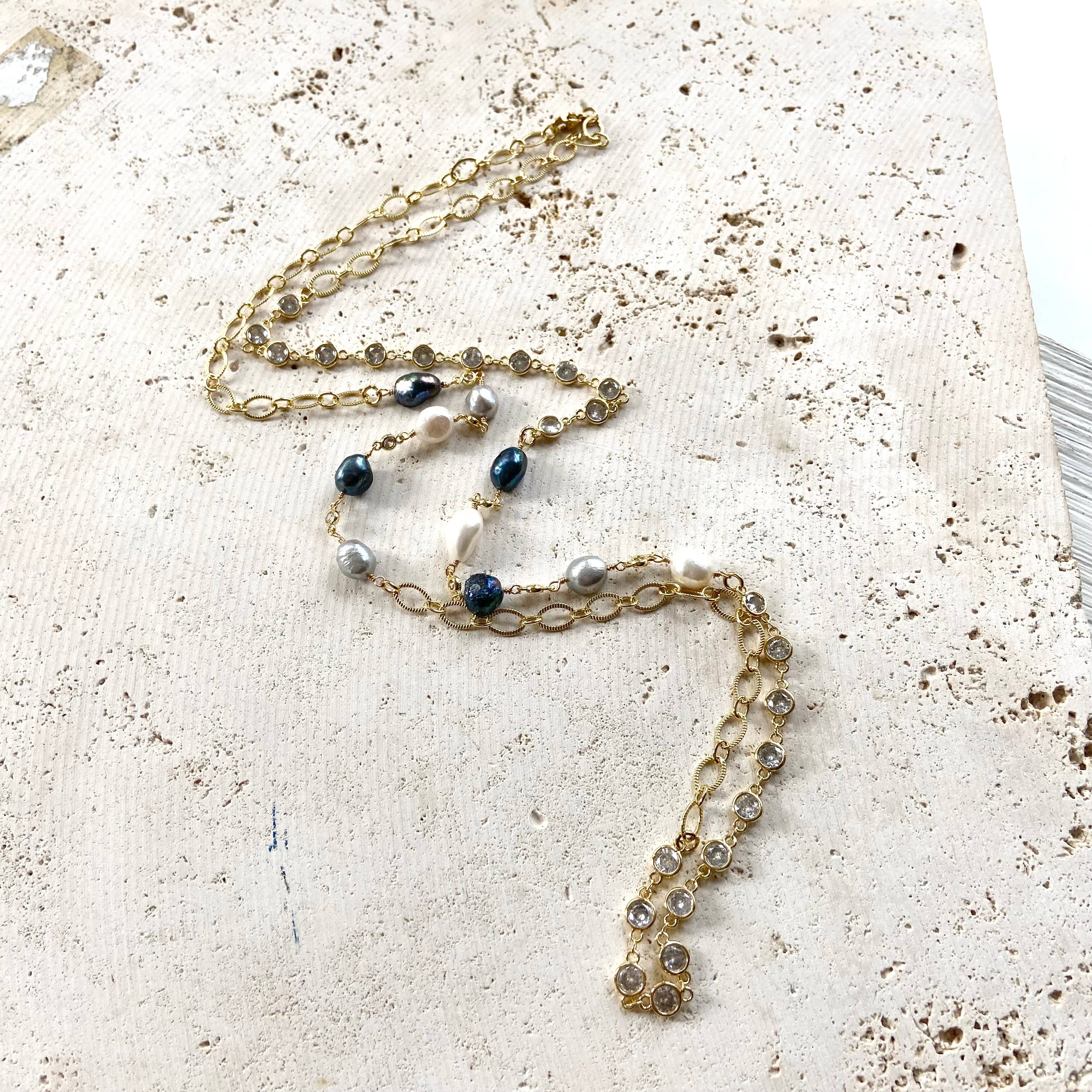 Denim Pearl & Crystal Necklace
