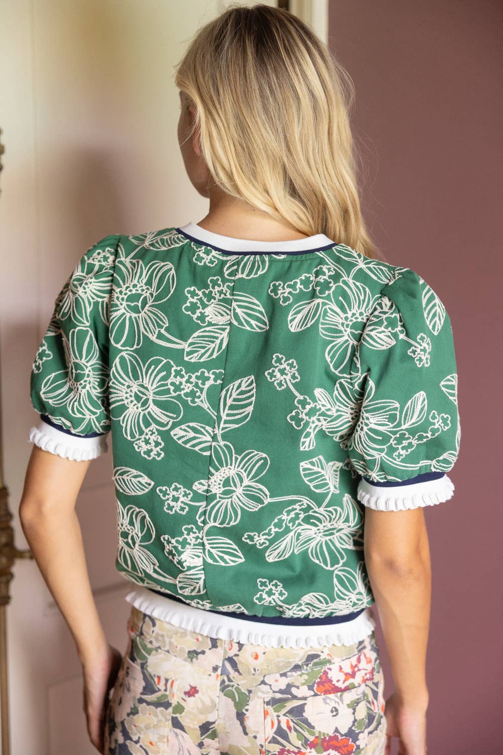 Striped Rib Band Floral Embroidered Top
