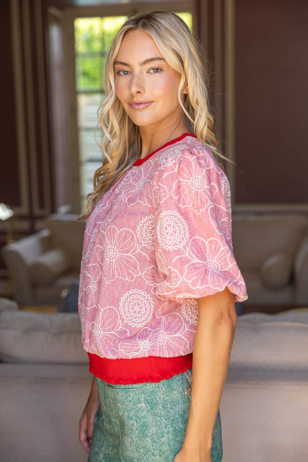 Accent Band Floral Embroidered Top