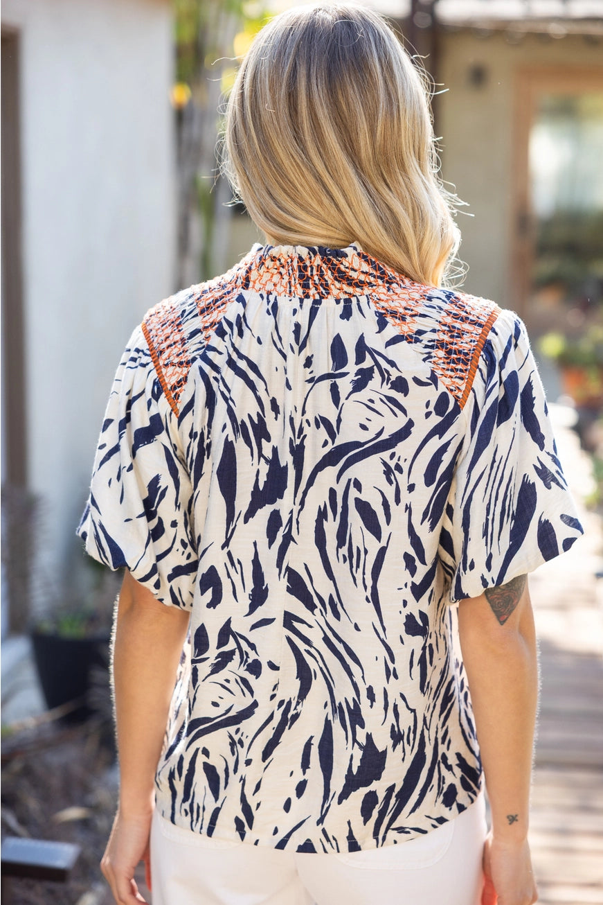Smocked Collar Print Top