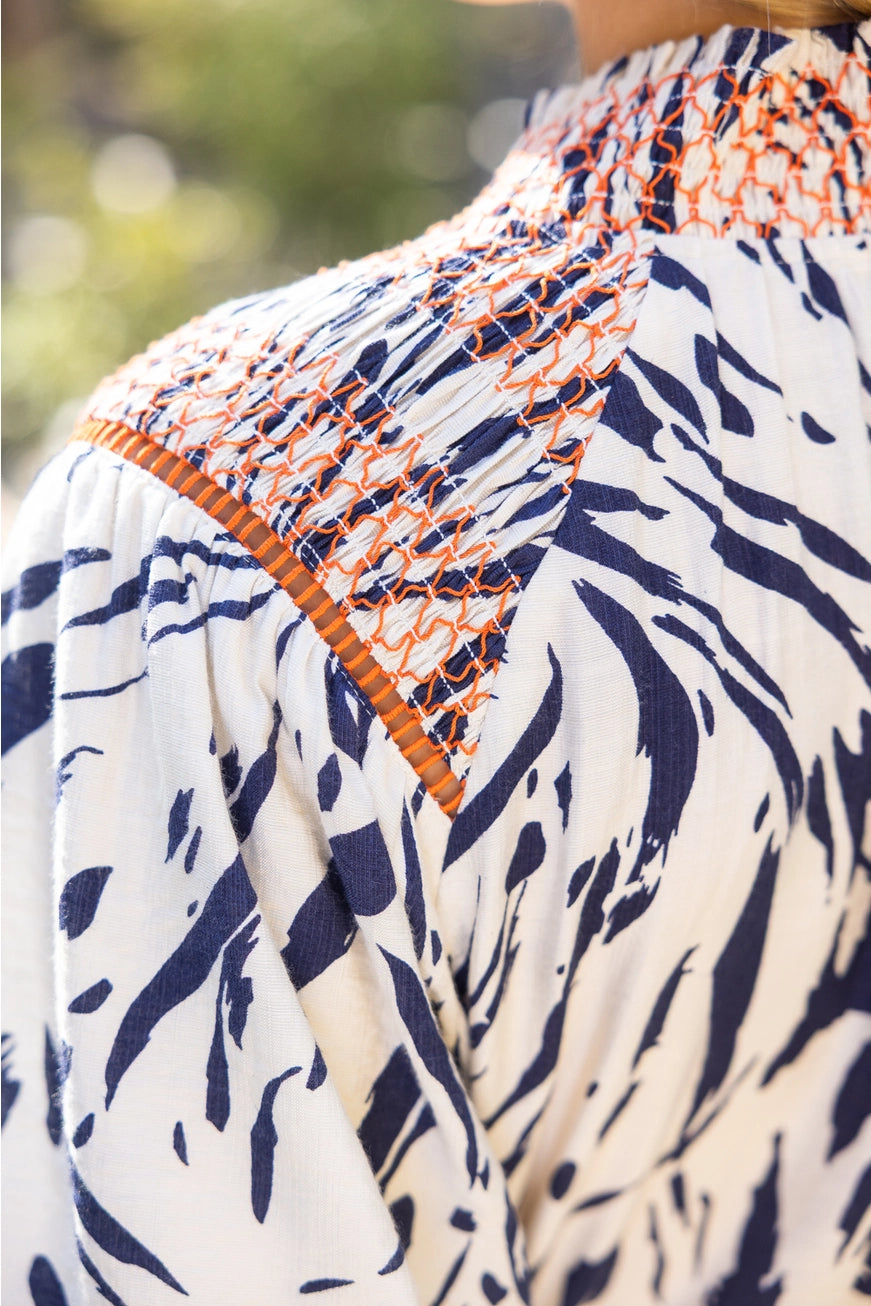 Smocked Collar Print Top