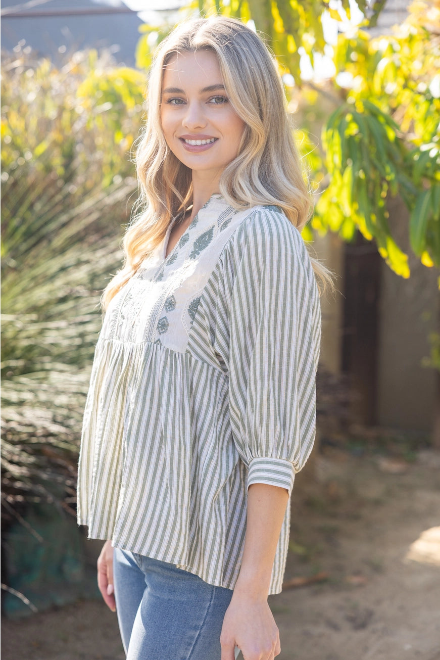 Embroidered Yoke Stripe Top