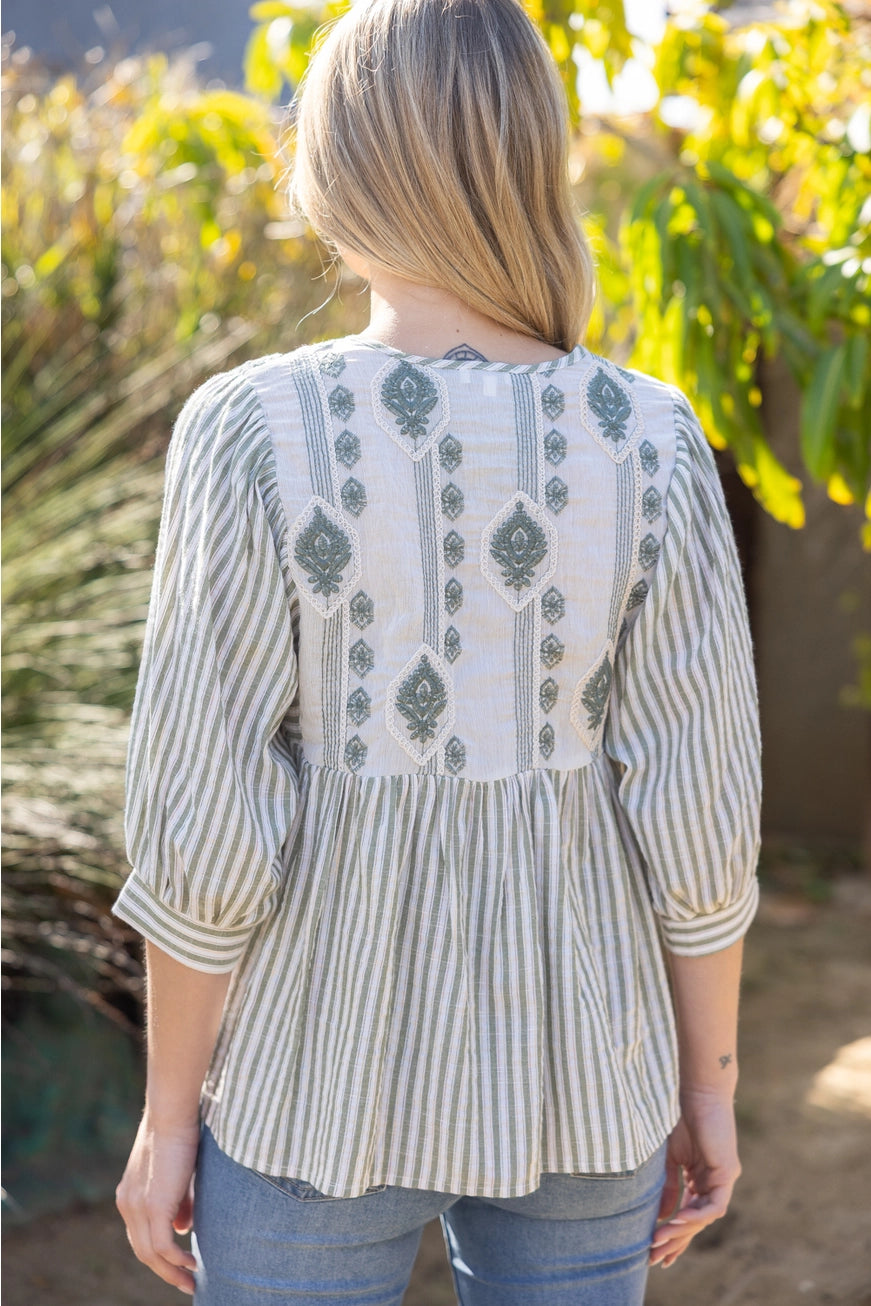Embroidered Yoke Stripe Top