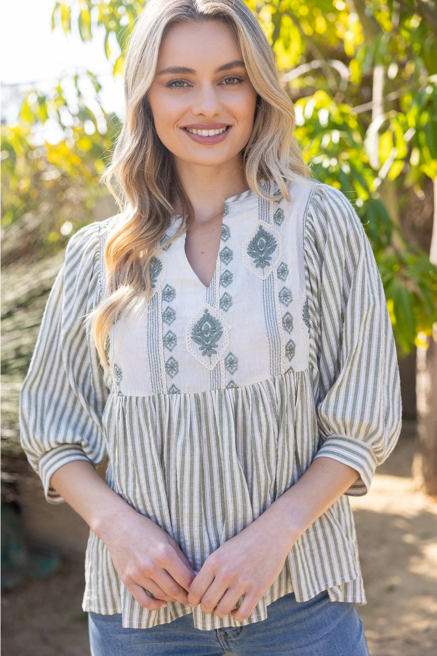 Embroidered Yoke Stripe Top