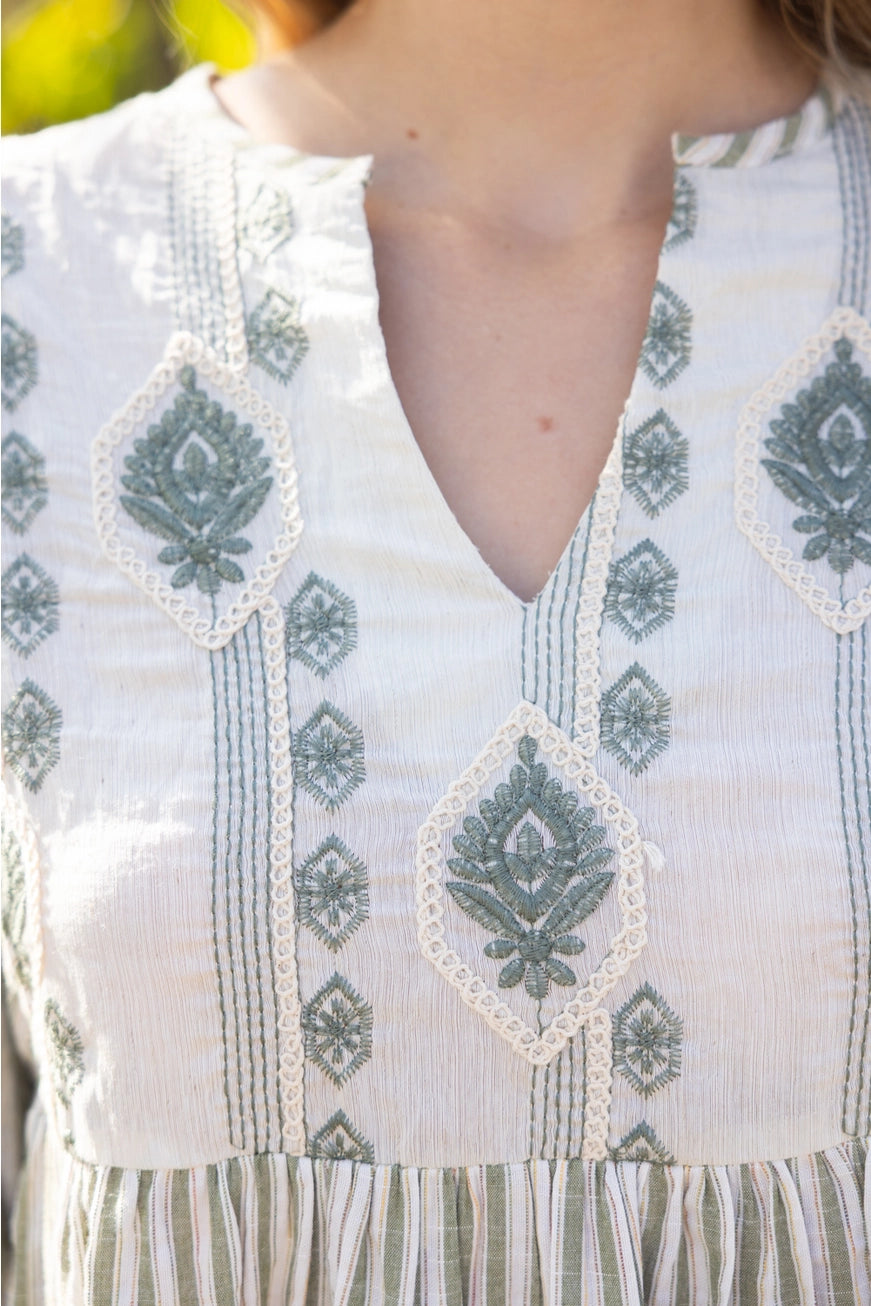 Embroidered Yoke Stripe Top