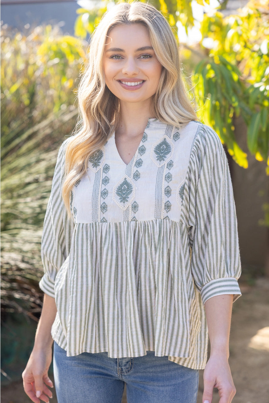 Embroidered Yoke Stripe Top