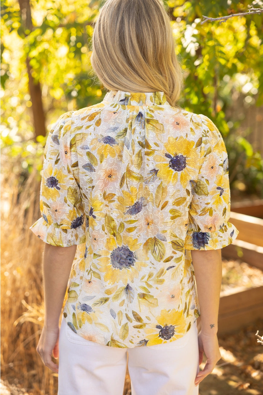 Ruffle Trim Floral Embroidered Top