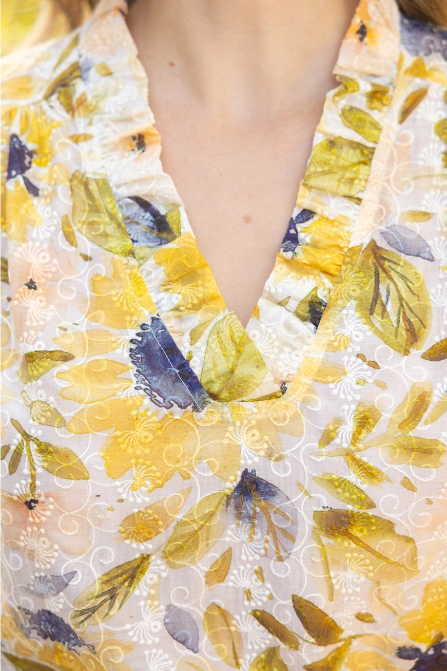 Ruffle Trim Floral Embroidered Top