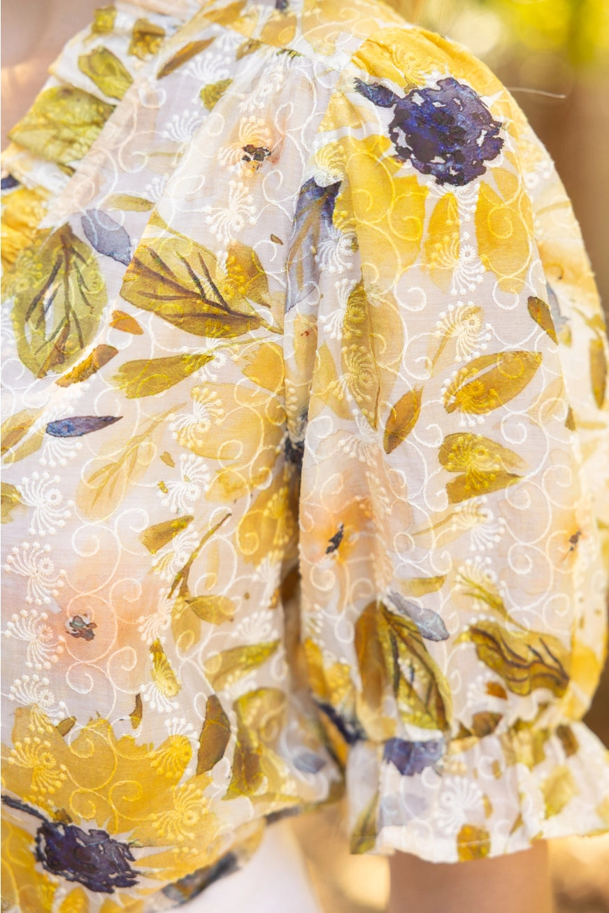 Ruffle Trim Floral Embroidered Top