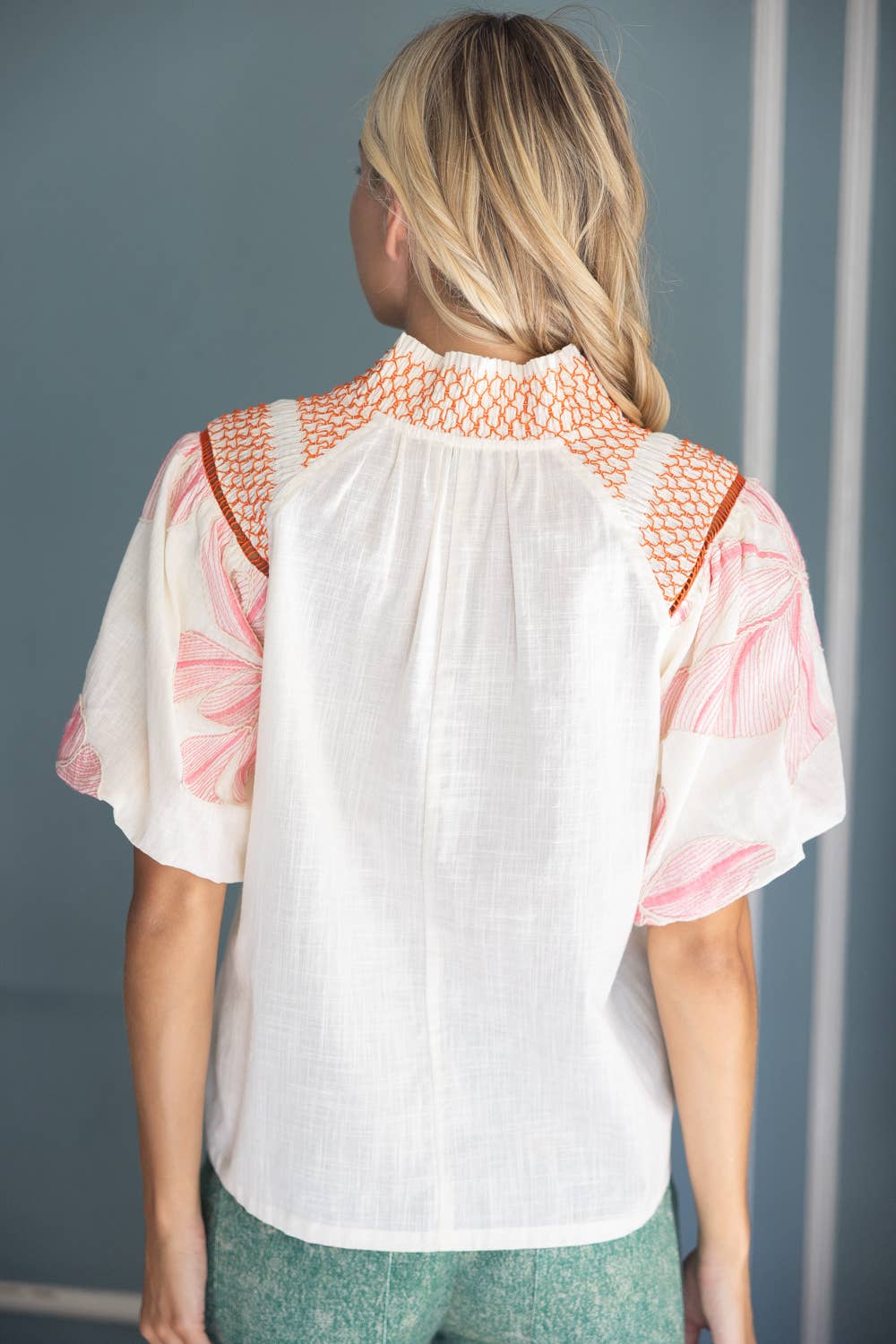 Embroidery Contrast Smocked Neck Top
