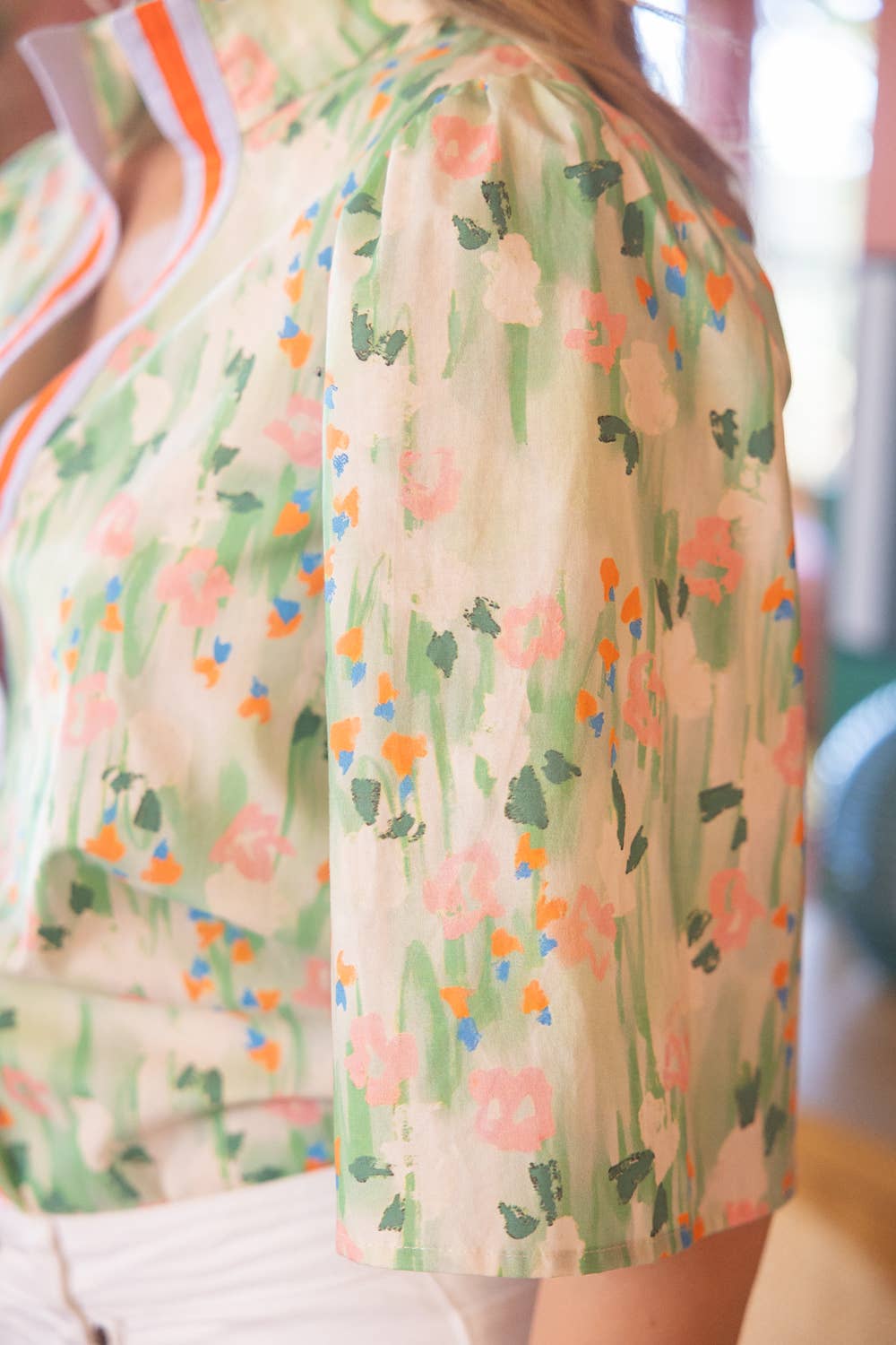 Stripe Placket Floral Print Top