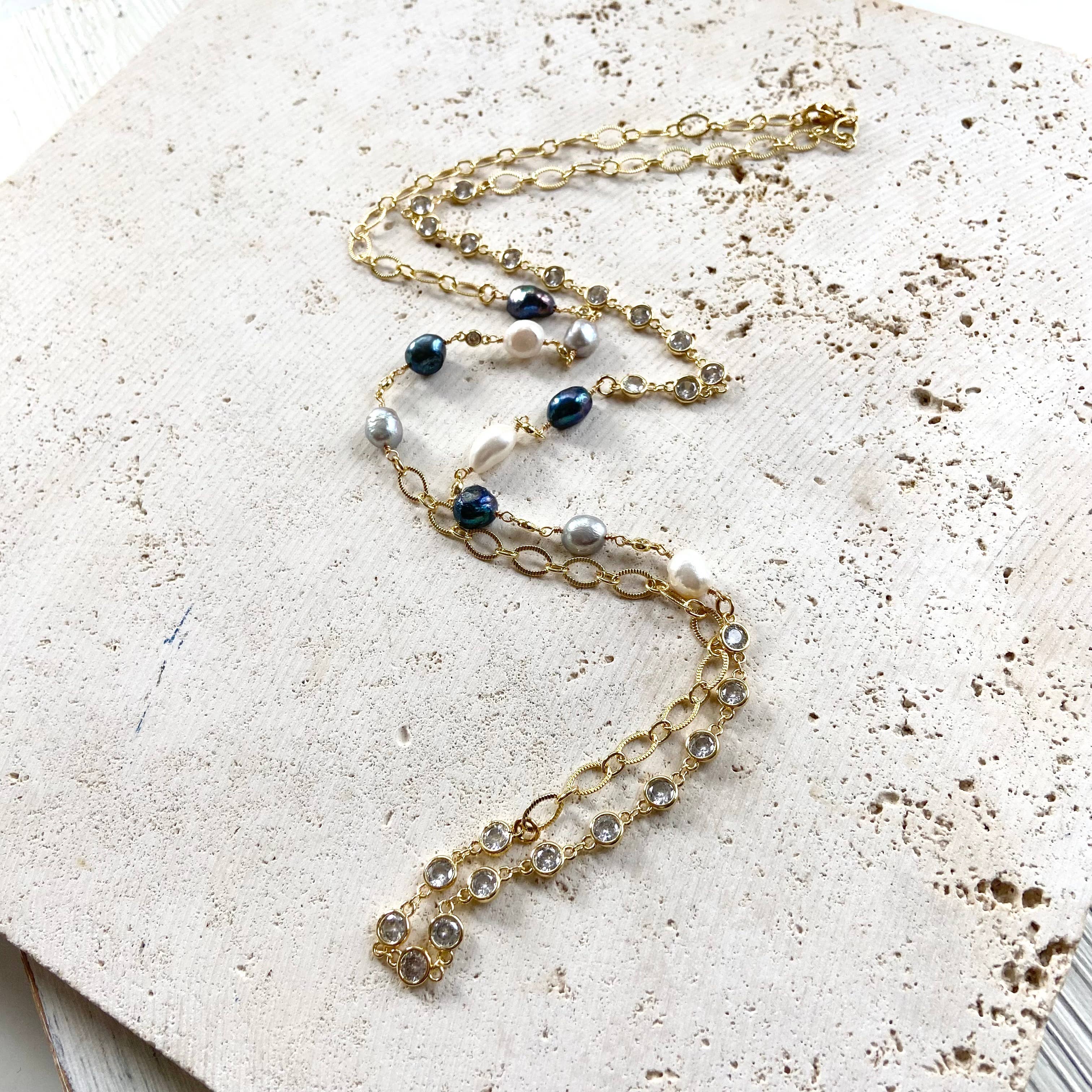 Denim Pearl & Crystal Necklace