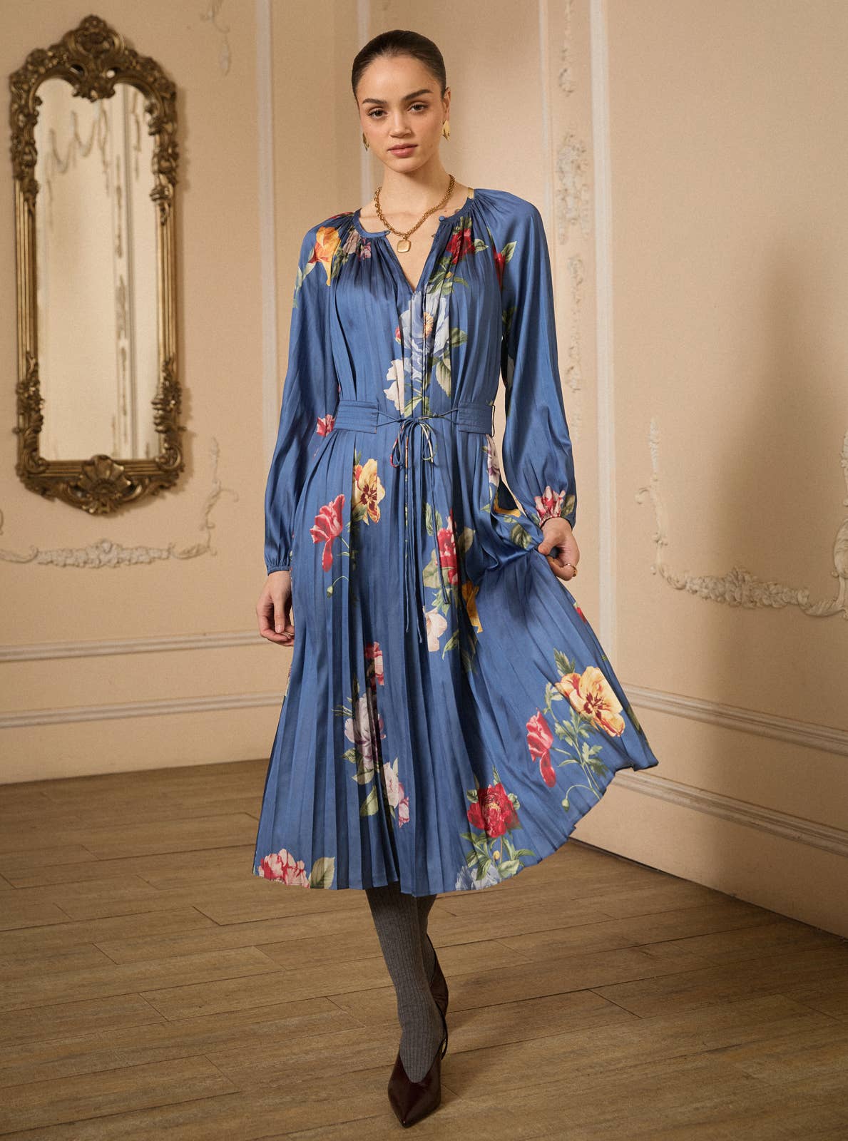 Floral Print Pleated Midi Dress