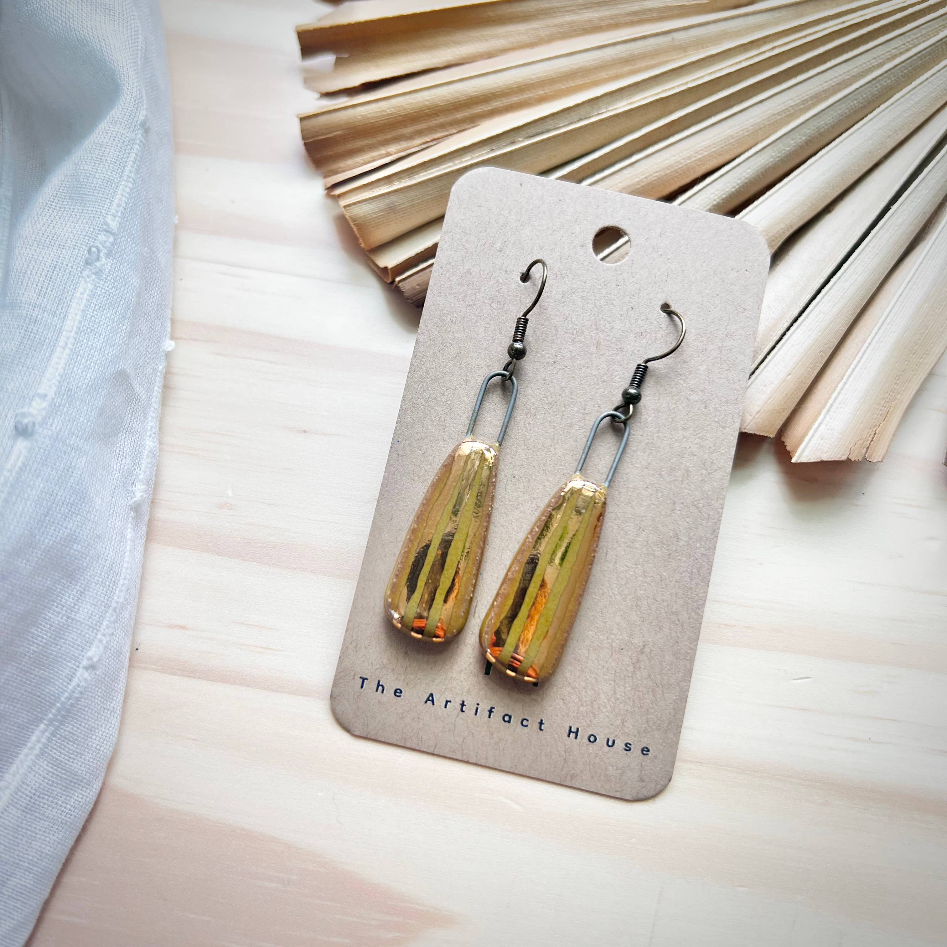 Olive & Gold Striped Earrings
