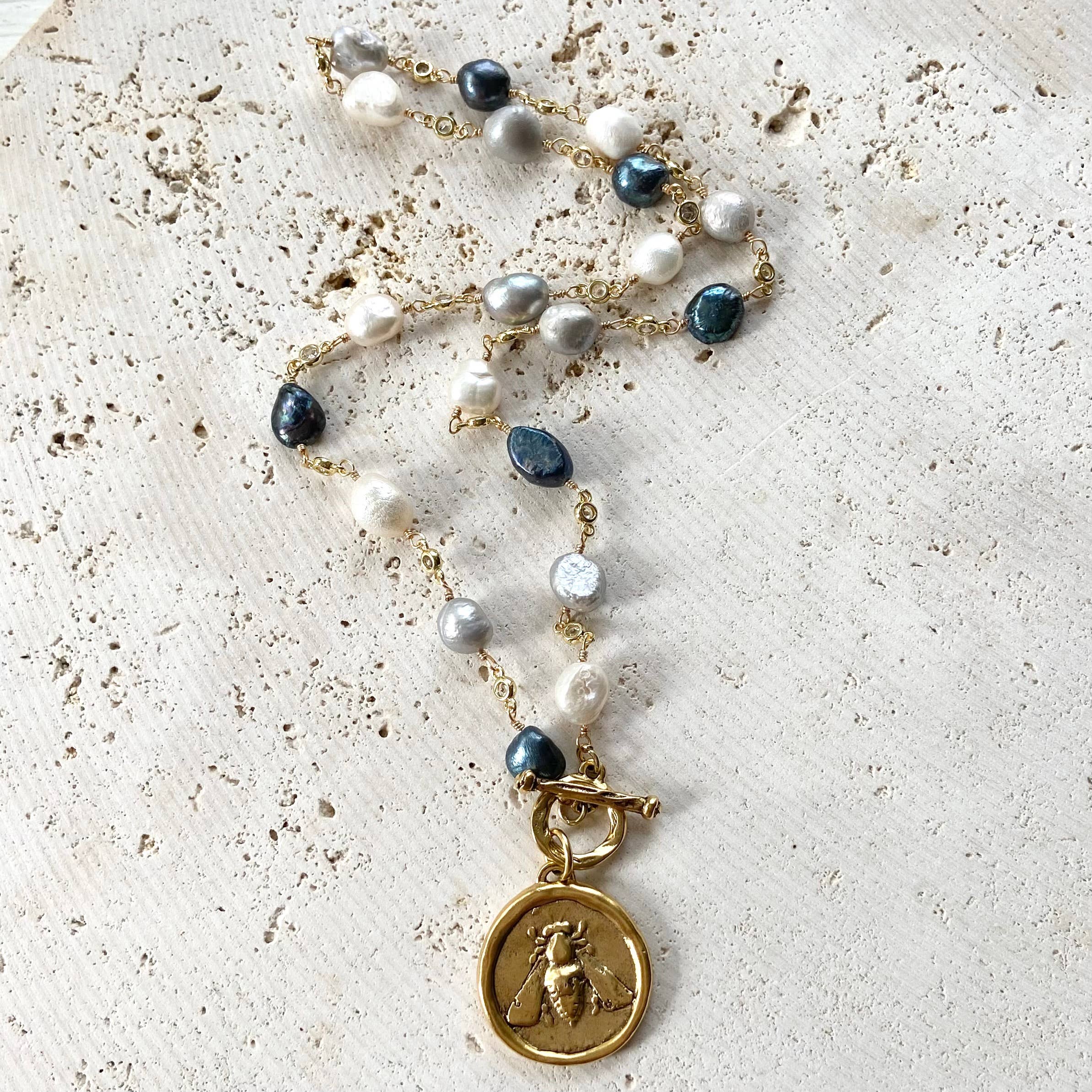 Denim Pearl Bee Medallion Necklace