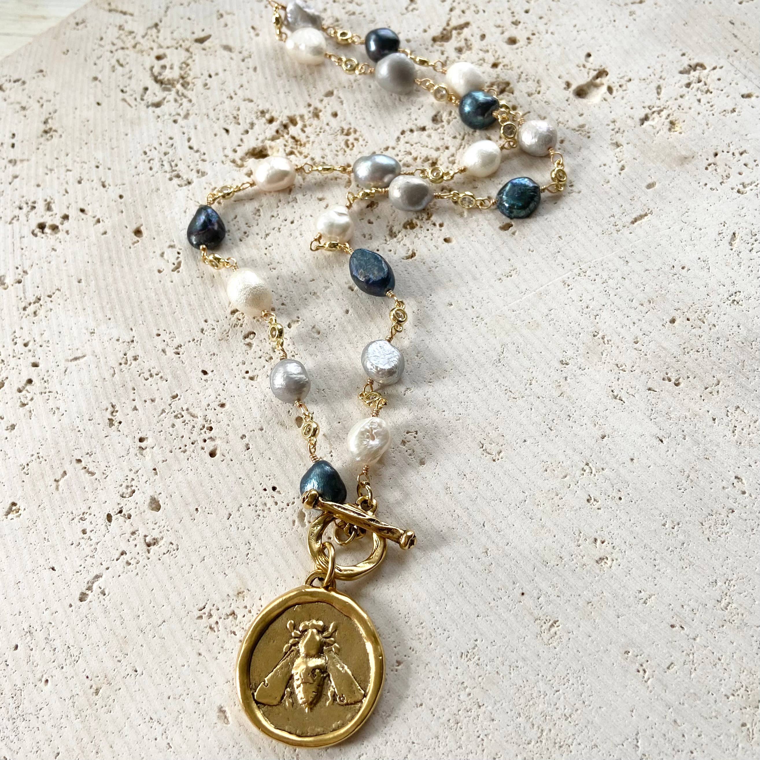 Denim Pearl Bee Medallion Necklace