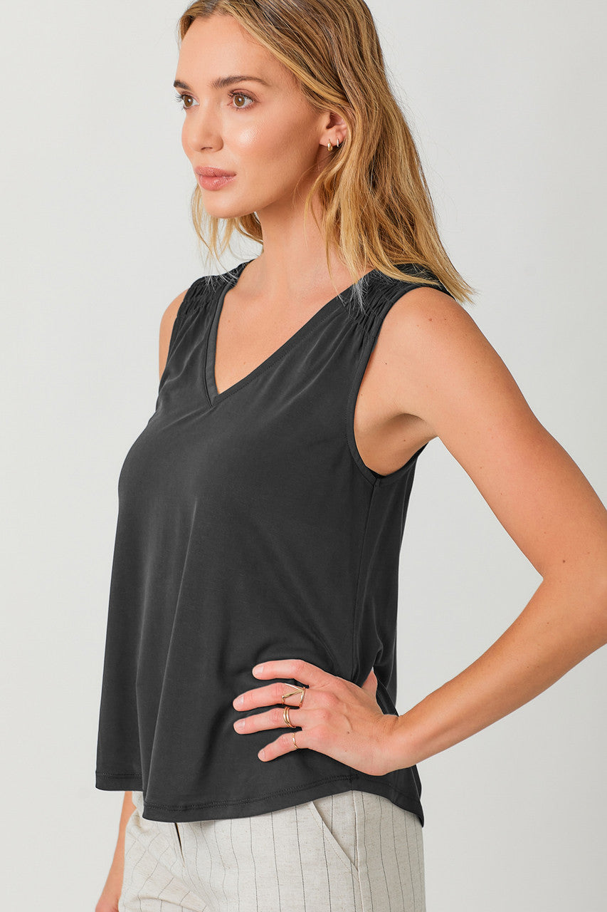 Mystree Smock Shoulder V-Neck Tank Black