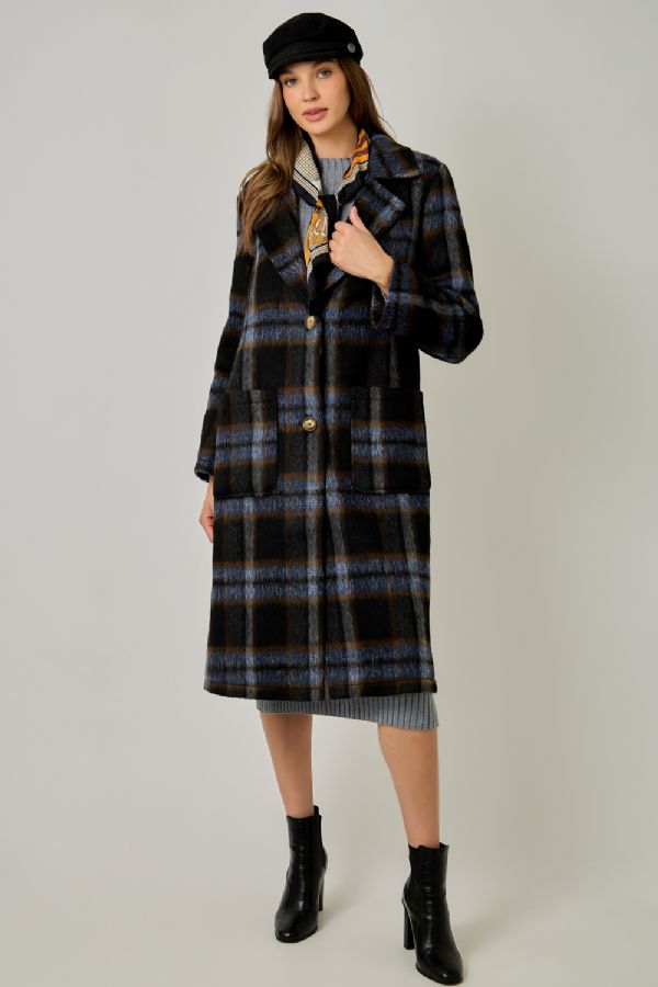 Brushed Long Plaid Coat