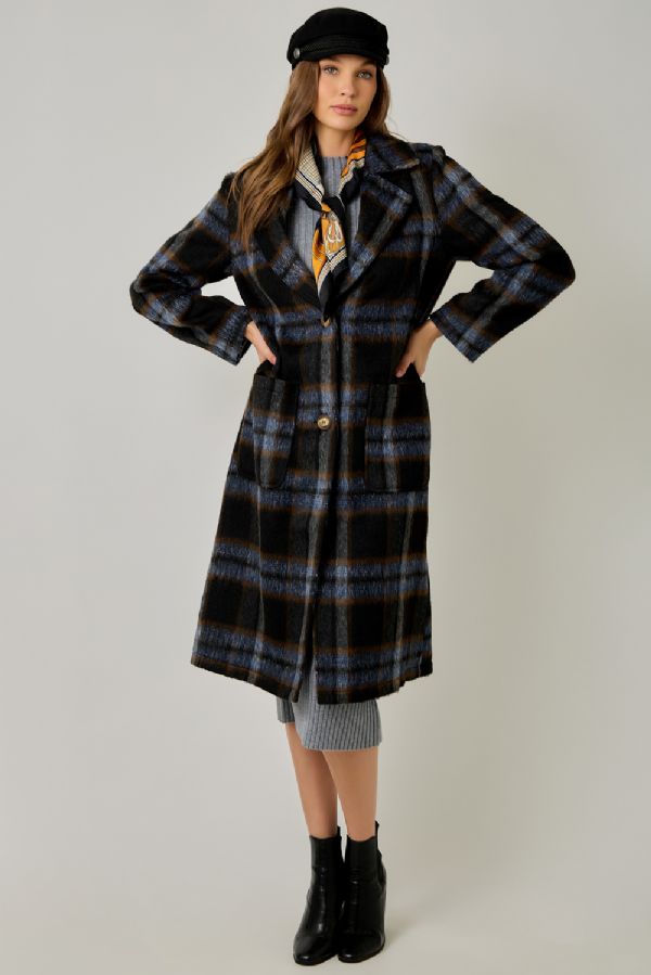 Brushed Long Plaid Coat
