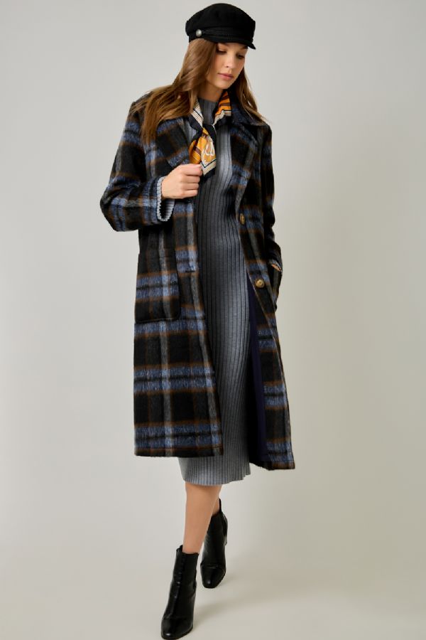 Brushed Long Plaid Coat
