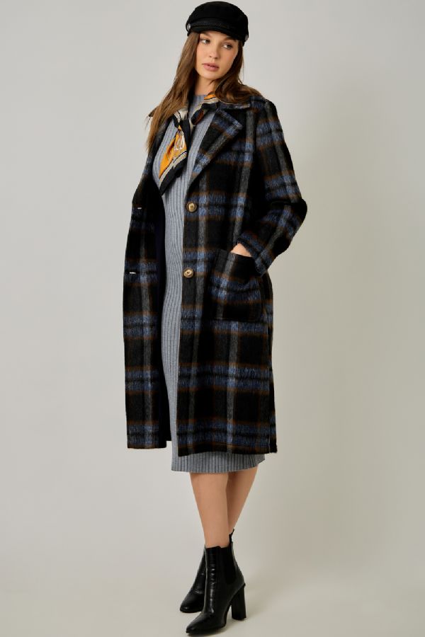 Brushed Long Plaid Coat