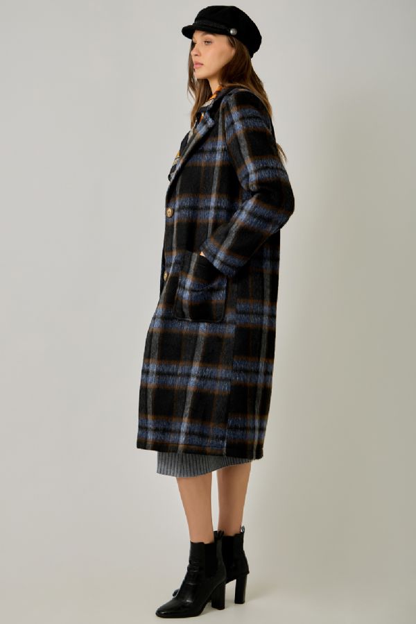 Brushed Long Plaid Coat